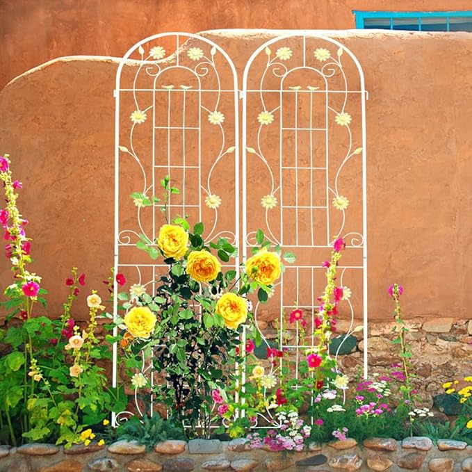 Sturdy Powder-Coated Metal Garden Trellis for Climbing Plants – Rust-Resistant Outdoor Flower Support with Elegant Lattice Design (2 Pack-Cream White)