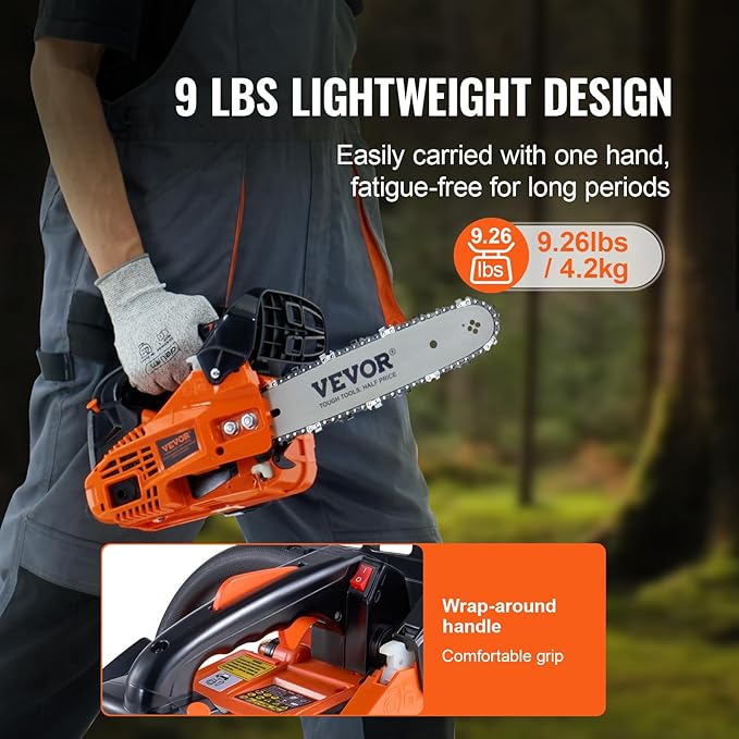 VEVOR 25.4 CC 2-Cycle Top Handle Gas Powered Chainsaw 12 Inch Petrol Handheld Cordless Chain Saw for Tree Wood Cutting