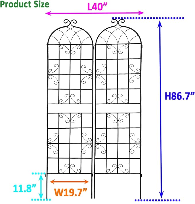 2 Pack Large Black Iron Garden Trellis 86.7 H x 19.7 W Heavy Duty Rustproof Plant Support for Roses Vines Vegetables