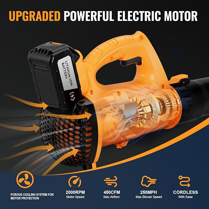 Leaf Blower Cordless with 4.0Ah Battery and Charger 6 Speed Mode 250MPH High Speed Lightweight Electric Leaf Blowers Cordless for Lawn Care Patio Garden Cleaning and Dust