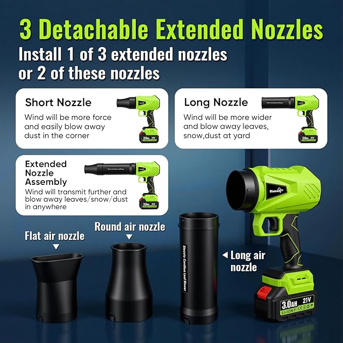 Blumway Leaf Blower Cordless with Battery 21V Handheld Leaf Blower with 3 Extended Nozzles Electric Leaf Blowers with 2 Pcs 3.0Ah Batteries Portable Leaf Blowers for Lawn Care LeavesDust Car
