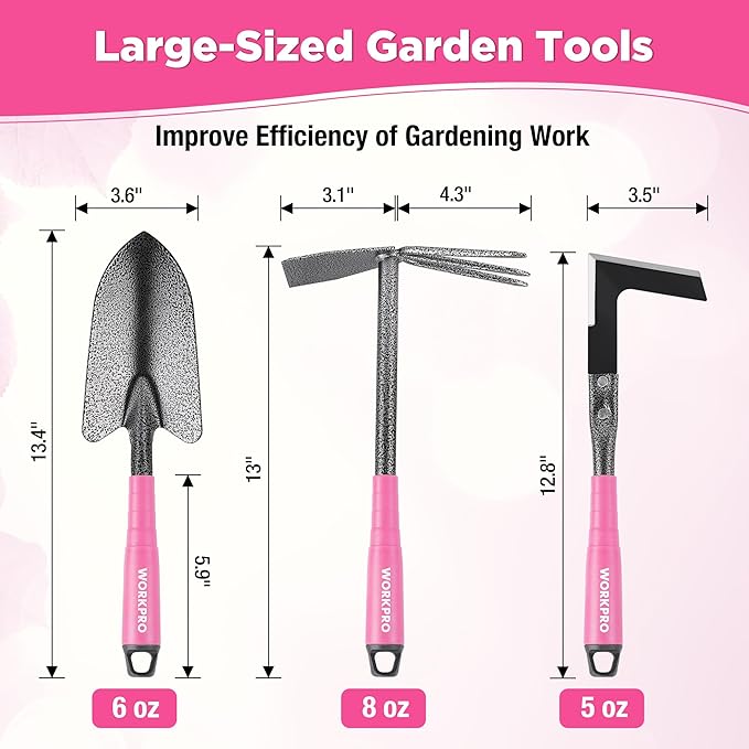 WORKPRO 6-Piece Pink Garden Tool Set Heavy Duty Gardening Hand Tools with Soft Rubber Handle Including Trowel Rakes 2-in-1 Hoe and Crack Weeder Ideal Gardening Gifts for Men and Women