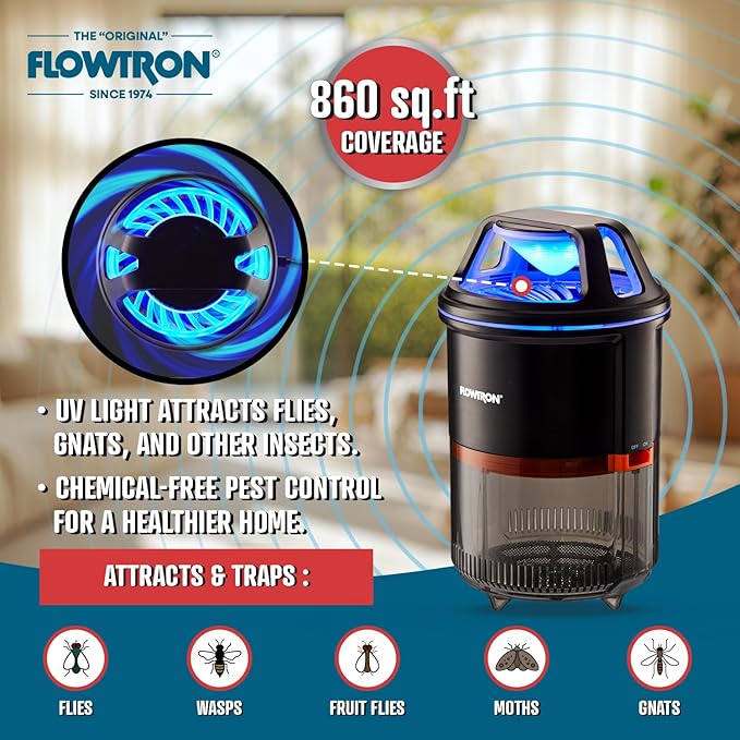Flowtron Indoor Bug Trap | UV Light Mosquito Trap with Fan 860 Sq Ft Coverage USB-C Powered Insect Catcher for Kitchen Bedroom Restaurant | Quiet Fly Trap for Indoor Use