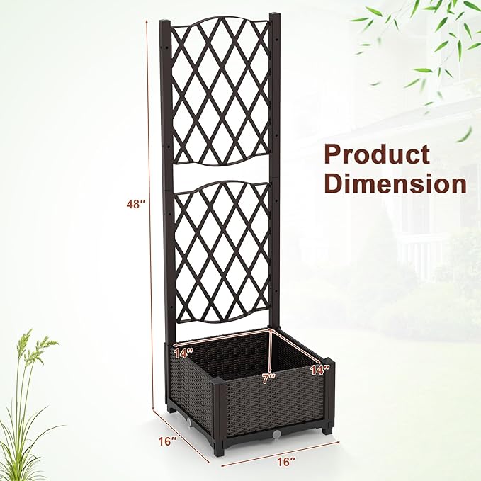 Giantex Raised Garden Bed with Trellis Garden Planter for Vine Climbing Plant Vegetable Herb Flower Outdoor Standing Garden Bed with Drainage Hole for Yard Balcony Entryway 16x16x 48