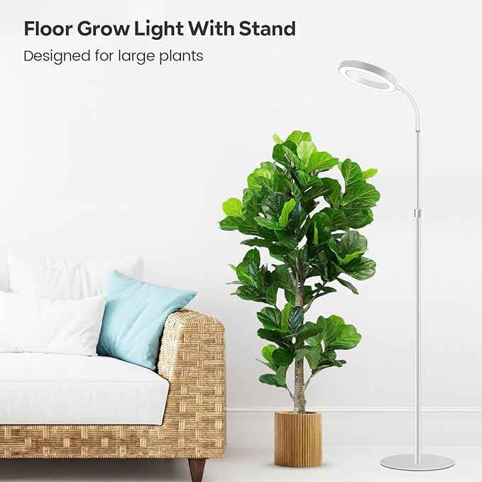 Garpsen Grow Light Full Spectrum LED Plant Lights with Stand 3 Color Modes Floor Grow Lamp with Timer 6/12/16H 5 Dimmable Levels 67'' Adjustable Height for Indoor Large Plants(White)