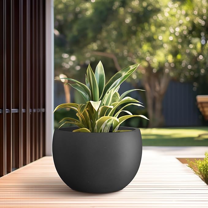 Kante 15.7 Dia Round Concrete Planter Outdoor/Indoor Large Bowl Plant Pots with Drainage Hole and Rubber Plug for Garden Patio Balcony Home Black