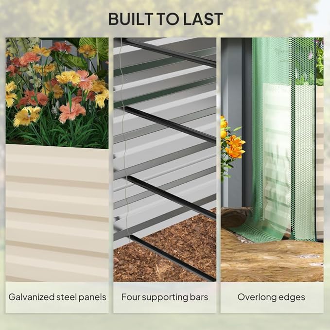 Heavy-Duty Galvanized Steel Raised Garden Bed Kit with Assembly Tools Sturdy Planter Box for Vegetables Flowers and Herbs (Beige + HDPE + Steel-1)