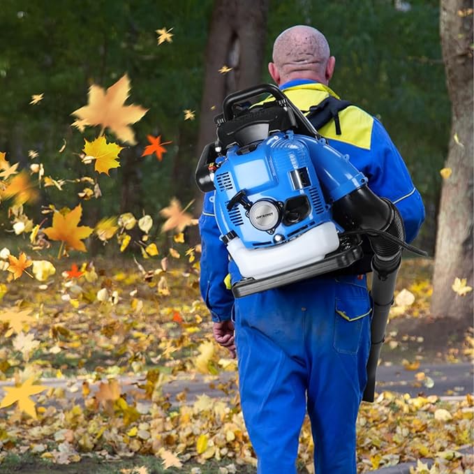 75.6CC 4-Stroke Backpack Leaf Blower Gas Powered &amp Snow Blower 750CFM 205MPH Gas Blowers with Ergonomic Design for Lawn Care Debris Clearing &amp Snow Removal (Blue) Blue