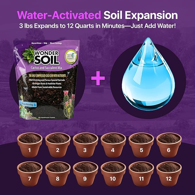 WONDER SOIL | Organic Cactus &amp Succulent Soil Mix (12 Quarts) | Fast Draining Living Coco Coir Loaded w/Nutrients | Ready to Plant Indoor/Outdoor Peat-Free Potting Soil | 3 LB Expands to 12 Quarts