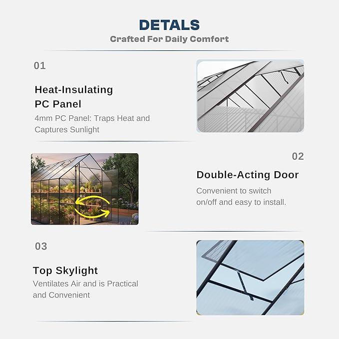 Kingdura 10x10ft Walk-in Greenhouse for Outdoors Large Polycarbonate Greenhouses with Heavy Duty Aluminum Frame Adjustable Roof Vent Lockable Door UV Protection for Outside Garden Backyard