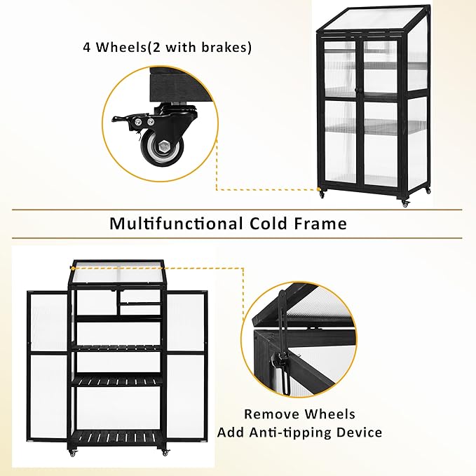 62inch Height Wood Large Greenhouse Balcony Portable Cold Frame with Wheels and Adjustable Shelves for Outdoor Indoor Backyard Mudroom (Black/Garden)