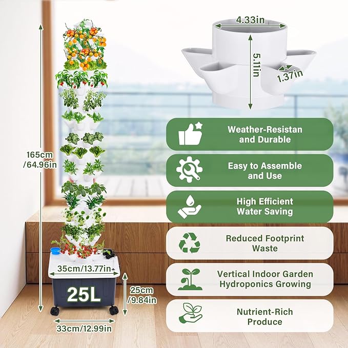 Hydroponic Tower Garden 14-Layer 70 Slots Indoor Vertical Garden Tower with Automatic Watering System for Fruits Vegetables High-Rise Building Planting Station