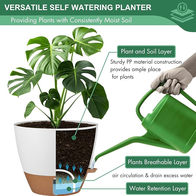 montresor 12/10/8 Inch Self Watering Pots for Indoor Plants Plastic Large Pot for Outdoor Plants Water Level Window &amp Spacious Reservoir Flower Pots Decorative Planter with Drainage and Tray (Whi
