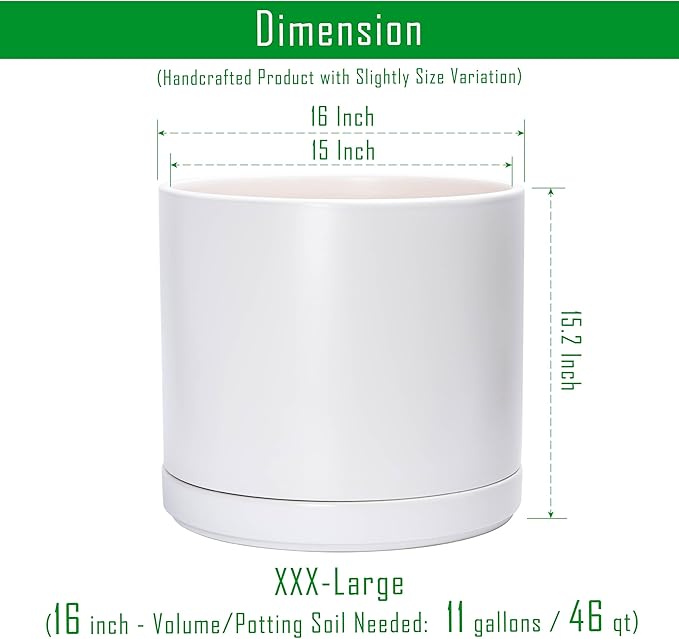 D'vine Dev 16 Inch Ceramic Planter Pot with Drainage Hole and Saucer Indoor Cylinder Round Planter Pot White 94-O-H-1