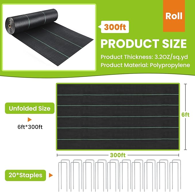 6x300FT Weed Barrier Landscape Fabric Heavy Duty 3.2oz Woven Geotextile Fabric Ground Cover Weed Block Gardening Mat Weed Control Garden Cloth for DrivewayRoadFrench DrainVegetable Patch