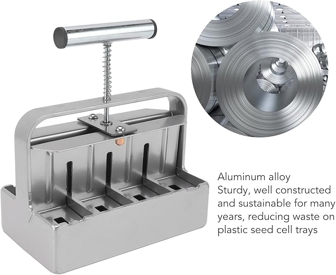 Soil Blocker Manual 8 Cell Soil Block Maker with Comfortable Handle and 3 Sizes Seed Pins 1.6inch Block Handheld Soil Blocking Tool for Seed Starting Transplanting Germination