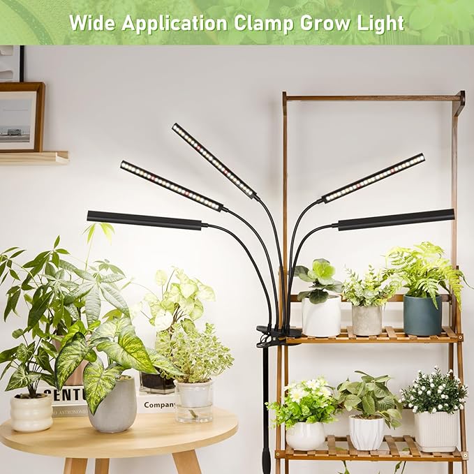FOXGARDEN Grow Lights for Indoor Plants Full Spectrum Plant Lights for Indoor Growing with Timer 4/8/12 H Five-Head 260 LED Clip Grow Lamp with Gooseneck 4 Brightness Levels for Plant Growing