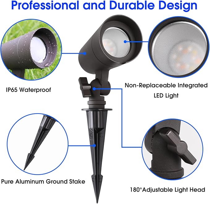 3CCT LED Landscape Lights with Connectors 12V Low Voltage 3000K/4000K/5000K Selectable 3W 200LM Outdoor Waterproof Garden Pathway Lights Wall Tree Flag Spotlights with Spike Stand 4 Pack