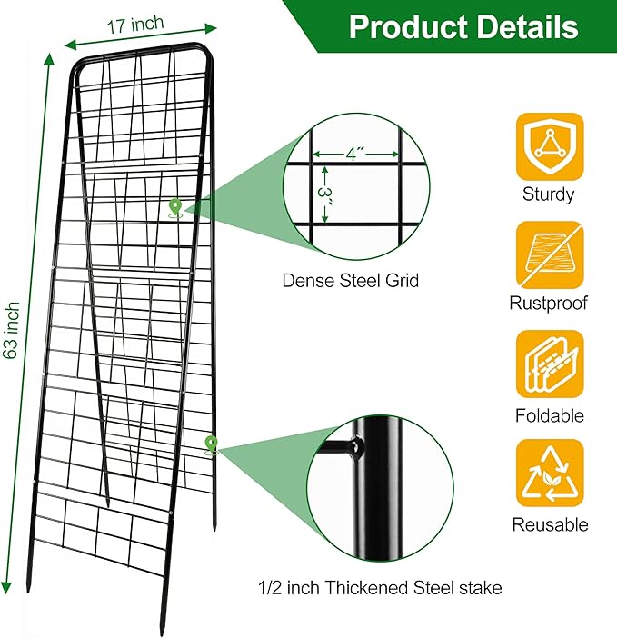 WAENLIR 63x17inch Cucumber Trellis Tomato cage with Dense Steel Grid–A-Frame Heavy Duty Metal Trellis for Raised Beds Cattle Panels for Garden Trellis for Climbing Plants Outdoor (Black 63x17inch)