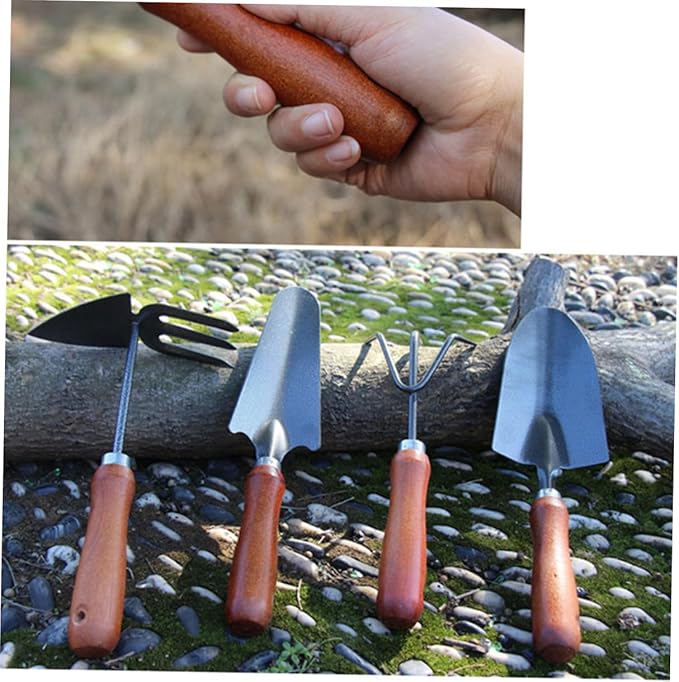 Garden Tools Set Mini Stoving Varnish Shovel with Thickened Iron Spade and Wooden Handle for Planting and Weeding 4pcs Gardening Hand Tool Kit for Patio and Lawn Care