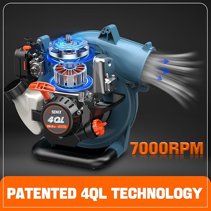 SENIX 26.5cc Gas Leaf Blower 4-Cycle Engine Handheld Gas Powered Blower 410CFM &amp 125MPH 7000RPM for Lawn Care Leaf &amp Debris Cleanup Driveways