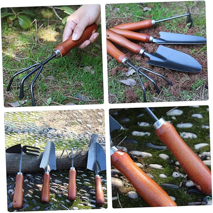 4pcs Mini Garden Tool Set with Extended Narrow Spade Triple-Claw Rake Dual-use Pointed Hoe Soil Scoop for Planting and Flower Gardening