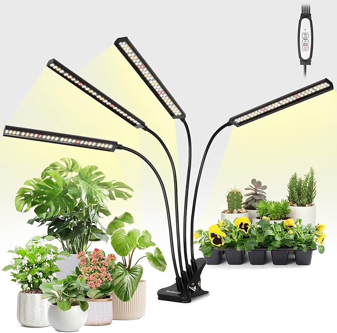 FOXGARDEN Grow Lights Full Spectrum Four-Head Plant Lights for Indoor Growing with Flexible Gooseneck 208 LEDs Clip Grow Lamp with 4/8/12H Timer 4 Brightness Levels Ideal for Indoor Growth