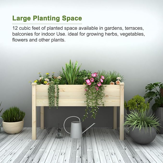 BIRASIL Outdoor Raised Garden Bed Wood Planter Box for Vegetable Flower Elevated Reinforced Large Garden Planters Boxes for Backyard Patio Gardening Balcony (48.5”L Natural Wood)