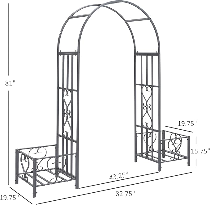 6.7' Steel Garden Arch with Scrollwork Hearts Planter Boxes for Climbing Vines Ceremony Weddings Party Backyard Lawn Dark Gray YG741
