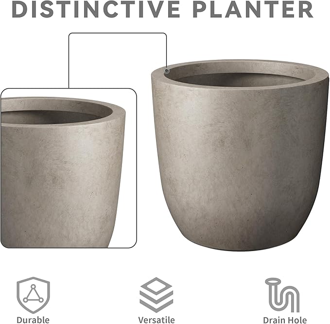Kante 13.4 Dia Round Concrete Planter Large Outdoor Modern Indoor Decorative Plant Pots with Drainage Hole and Rubber Plug for Home and Garden Weathered Concrete