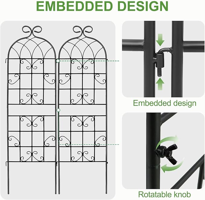 YOBAZAN 4 Pack 72x20in Rustic Iron Arch Decoration Garden Trellis with Black Metal Coating – Perfect for Supporting Climbing Plants Outdoor Roses Vines Flowers and Vegetables.