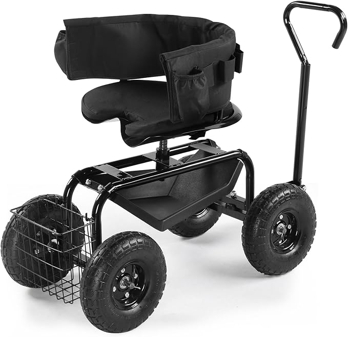 Rolling Garden Cart with Cushioned Backrest Seat Outdoor Gardening Stool for Planting Garden Scooter with 360 Degree Swivel Steering Handle Tool Tray Black