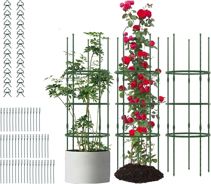 Happygrill 3 Pack Plant Cages and Supports 60 inch Tall Adjustable Tomato Cage w/Clips &amp Ties Heavy-Duty Garden Trellis for Climbing Plants Vines Flowers Vegetables Potted Plants Indoor Outd
