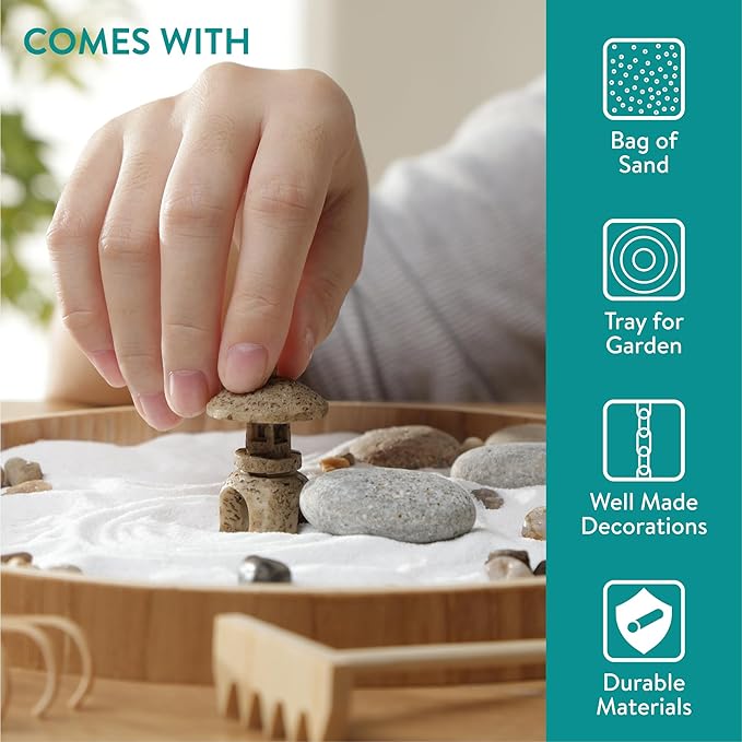 Navaris Zen Garden Kit - Mini Japanese Sand Garden - Miniature Meditation Stone Ornaments - Buddhist Gifts Complete Set - Round MDF Tray White Sand
