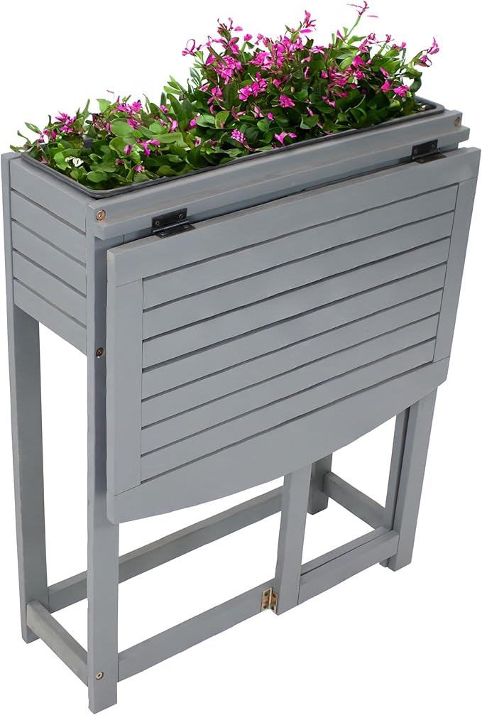 Sunnydaze Acacia Wood Raised Garden Bed with Shelf - Space-Saving Folding Tabletop with 40 lb Capacity - Gray