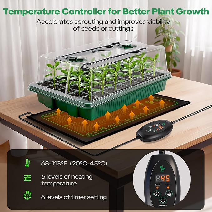 Seed Starter Tray with Grow Light &amp Heating Mat Digital Temperature Control 40-Cell Seed Starter Kit with Humidity Dome Reusable Seed Starter for Indoor Planting Seeds