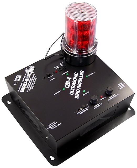 Bird-X Super Quadblaster QB-4+S Ultrasonic Bird Preventer with Optional Strobe Light and 4 Built-in Speakers Ideal for Indoors and Semi-Enclosed Areas Covers 6500 sq. ft.