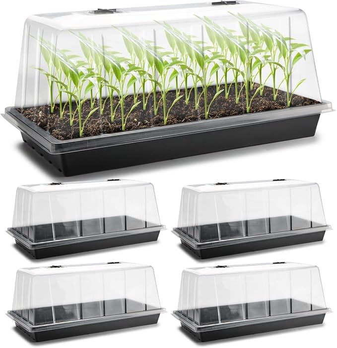 1020 Plant Tray with Tall 7.3'' Dome 5-Pack Extra Large Seed Starter Tray with Humidity Domes Heavy Duty 1020 Trays and Flats with Lid Seed Germination Mini Greenhouse No Hole for Balcony Garden