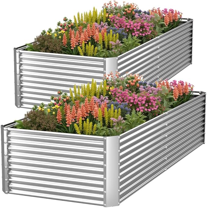 2 Pack Tall 8x3FT Corrugated Galvanized Steel Raised Garden Bed Outdoor Metal Above Ground Garden Bed for Vegetables and Flowers Rectangle Raised Beds for Gardening