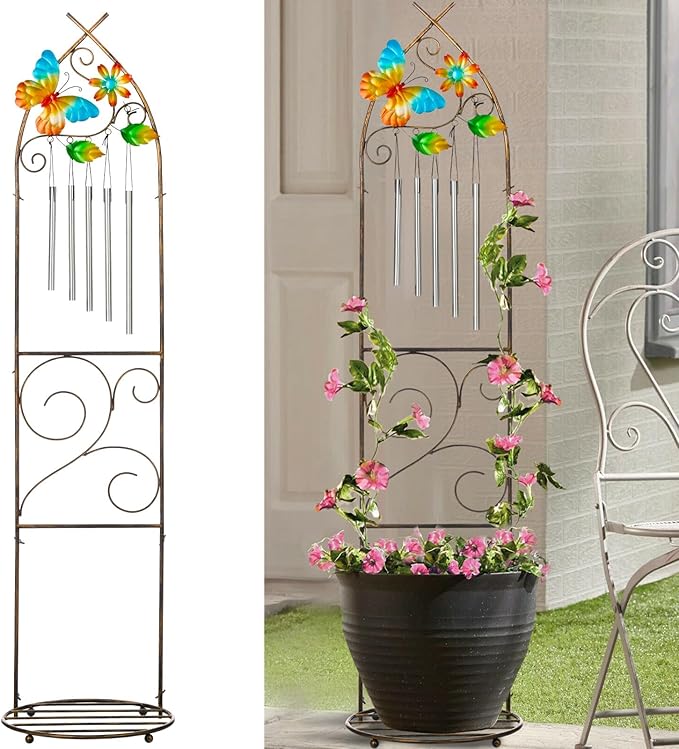 Garden Trellis with Plant Stands 48” Metal Detachable Butterfly Plant Pot Trellis with Wind Chimes for Climbing Plants Outdoor Lawn Patio Porches Decor