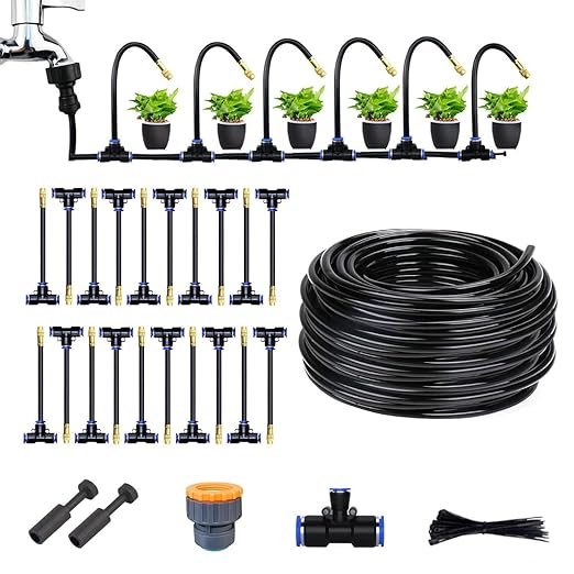 Garden Watering System Greenhouse Mist Drip Irrigation Kit65Ft Hanging Plant Watering System with 20 Three-Way Atomizing Nozzle and 12mm IrrigationTubing Hose Gold