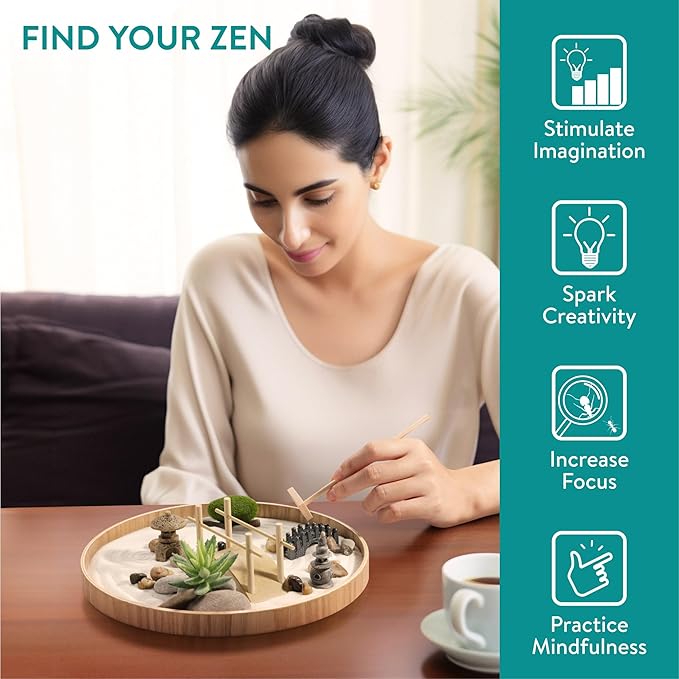 Navaris Zen Garden Kit - Mini Japanese Sand Garden - Miniature Meditation Stone Ornaments - Buddhist Gifts Complete Set - Round MDF Tray White Sand