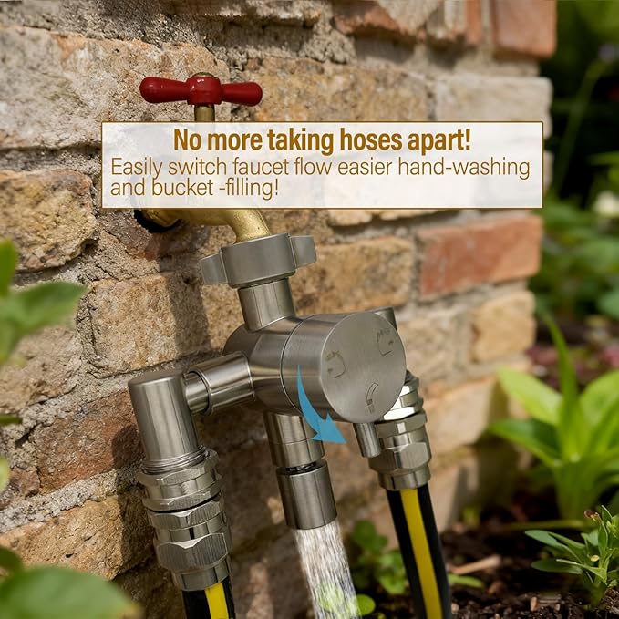 G-Sunny Stainless Steel Multi-Function Outdoor Faucet with Dual Garden Hose Adapter Heavy Duty Outdoor Water Splitter with Extra Tap for Hand Washing Bucket Filling (Dual Hose)