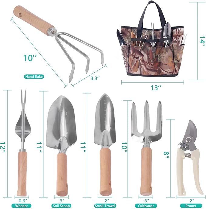 Garden Tool Set 7 Pcs Floral Gardening Set for Women Leaf Camouflage Gardening Kit with Garden Tool Bag Trowel Weeder Fork Hand Rake Pruning Shears Cultivator Transplanter