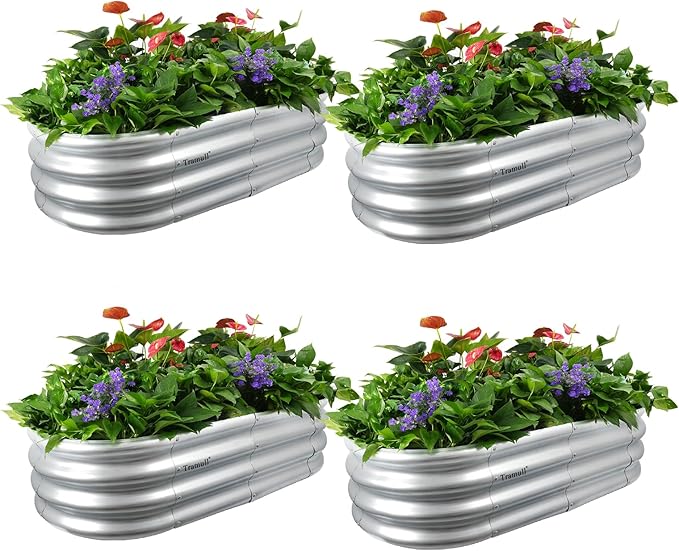 4Pack 4x2x1ft Galvanized Raised Garden Bed Kit Oval Metal Ground Planter Box Outdoor Bottomless Planter Raised Beds for Vegetables Flowers Herbs Fruits Silver