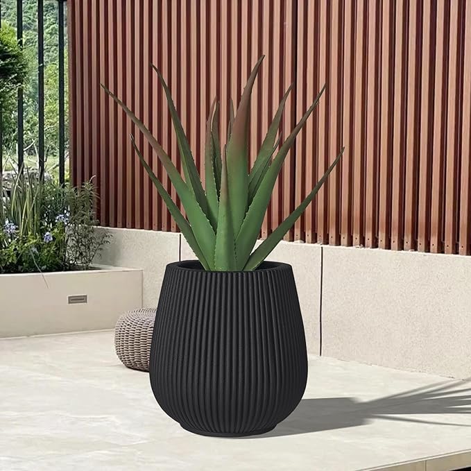 16 Inch Handmade Concrete Outdoor Planter - Classic Striped Design | Fiberglass &amp Composite Material | Durable for Commercial &amp Home Decor