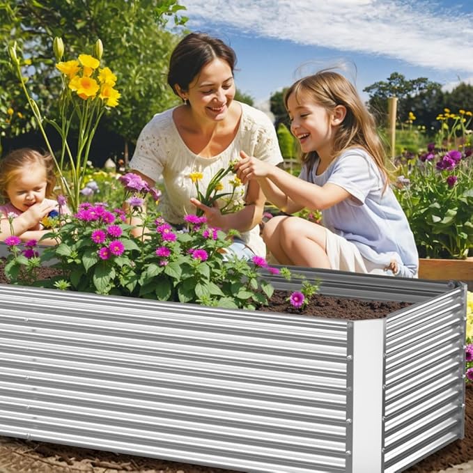 2 Pack Tall 8x3FT Corrugated Galvanized Steel Raised Garden Bed Outdoor Metal Above Ground Garden Bed for Vegetables and Flowers Rectangle Raised Beds for Gardening