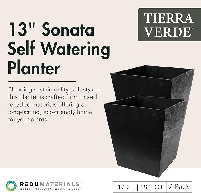 Tierra Verde 2-Pack Indoor &amp Outdoor Self-Watering Square Planters Small Sonata Black - Planter Containers for Plants and Flowers - Gardening and Landscaping Accessories
