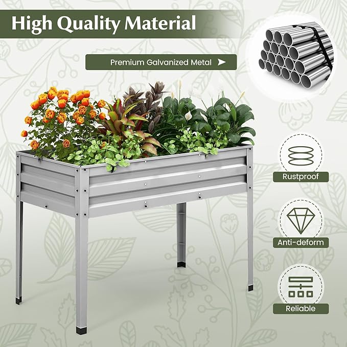 HAPPYGRILL Raised Garden Bed Galvanized Garden Box with Legs Drainage Holes 2 Gloves Outdoor Planter Box for Garden Backyard &amp Patio 46”x 24” x 32” Sliver