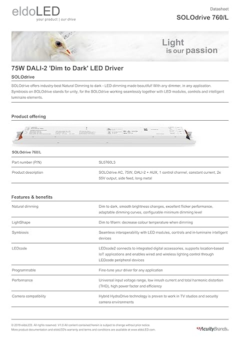eldoLED | SL0760L 750MA LIN VLC *264KRY | 75W DALI-2 'Dim to Dark' LED Driver | *264KRY OR *2582H0